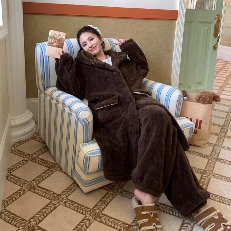 Winter Fleece Thickened Hooded Pajamas Women's Loose Warm Bath Coral Fleece Pajamas Loungewear Two-piece Set