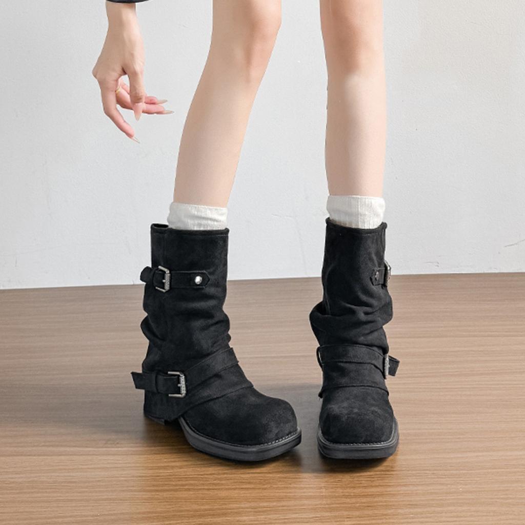 Yueyu dicke Sohle Western Cowboy Falten gestapelte Stiefel Damen Herbst und Winter Retro Ritter Martin Stiefel dicker Absatz Hosen Kurzstiefel Damen