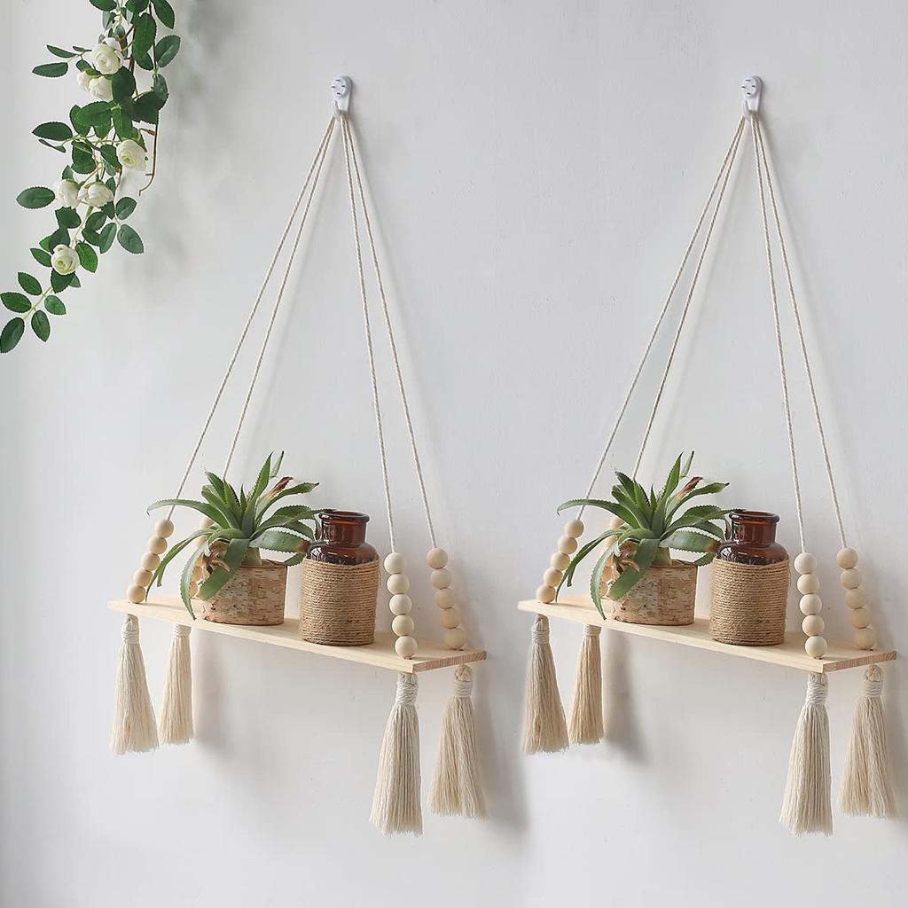 Wood Wall Shelf Macrame Floating Wall Shelf Hanging Shelves Plant Corner Holder Display Stand Room Decor Boho Home Decoration