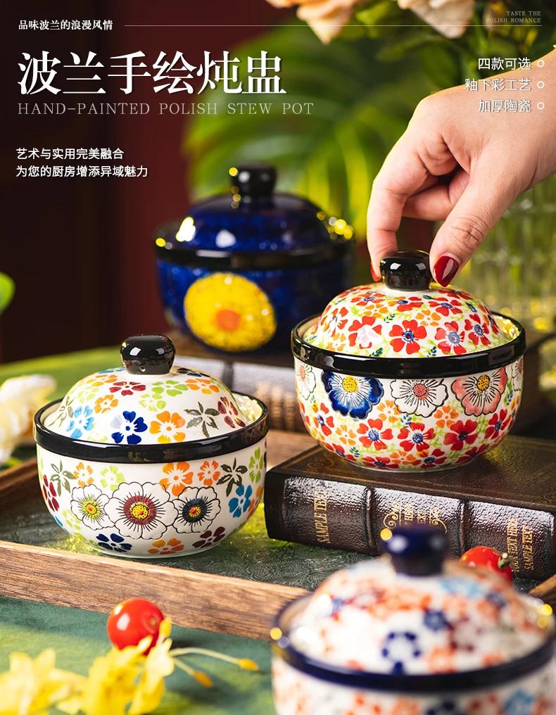Hand-painted ceramic small stew pot Household steamed egg bowl with cover dessert bowl