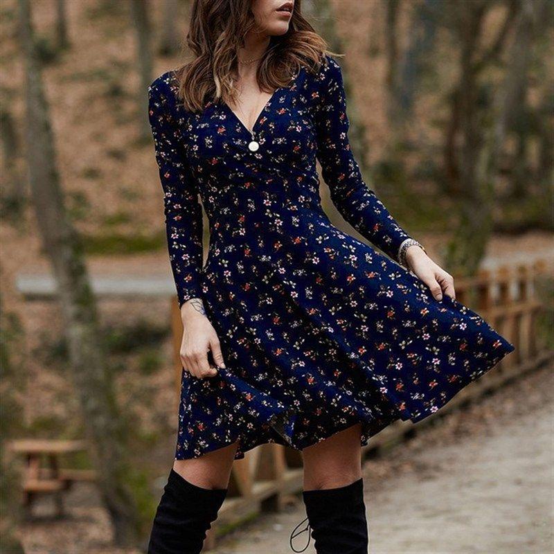 

Mini Dress Women Fashion Long Sleeve Loose A- Line Dresses Dark Blue M