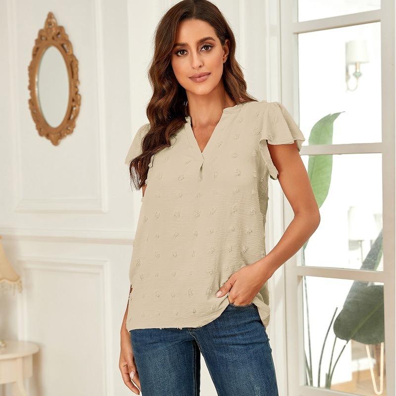 GMXIA Women's Fashion Casual Leisure Summer Solid Color Print Short Sleeve V-Neck Blouses & Shirts