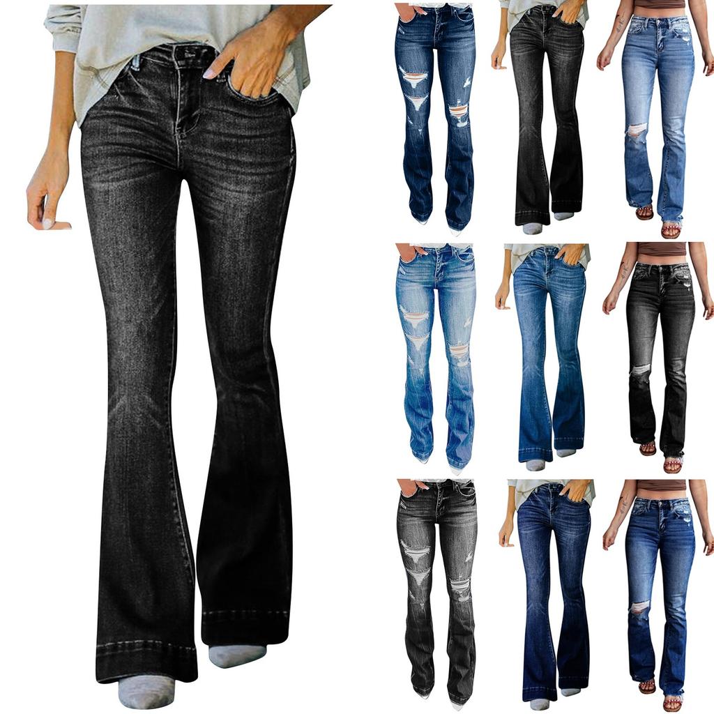 Women's New Fashion Hole High Waist Retro Elastic Slim Micro Flared Pants
