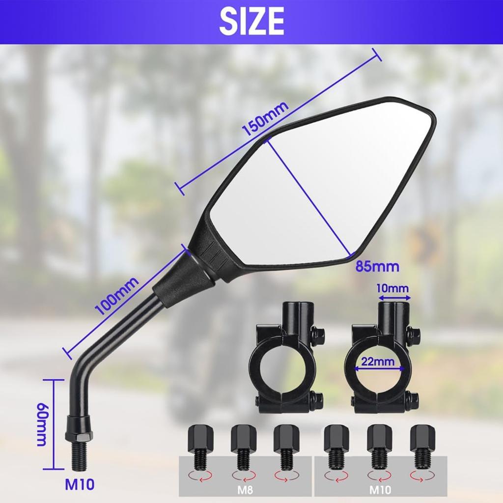 Motorcycle Mirrors Set,7/8 Inches 22mm Handlebar clamps,Universal Motorbike Mirrors with Extra M8 M10 Threaded Boltsfor ATV/Scooter/Cruiser/Bike