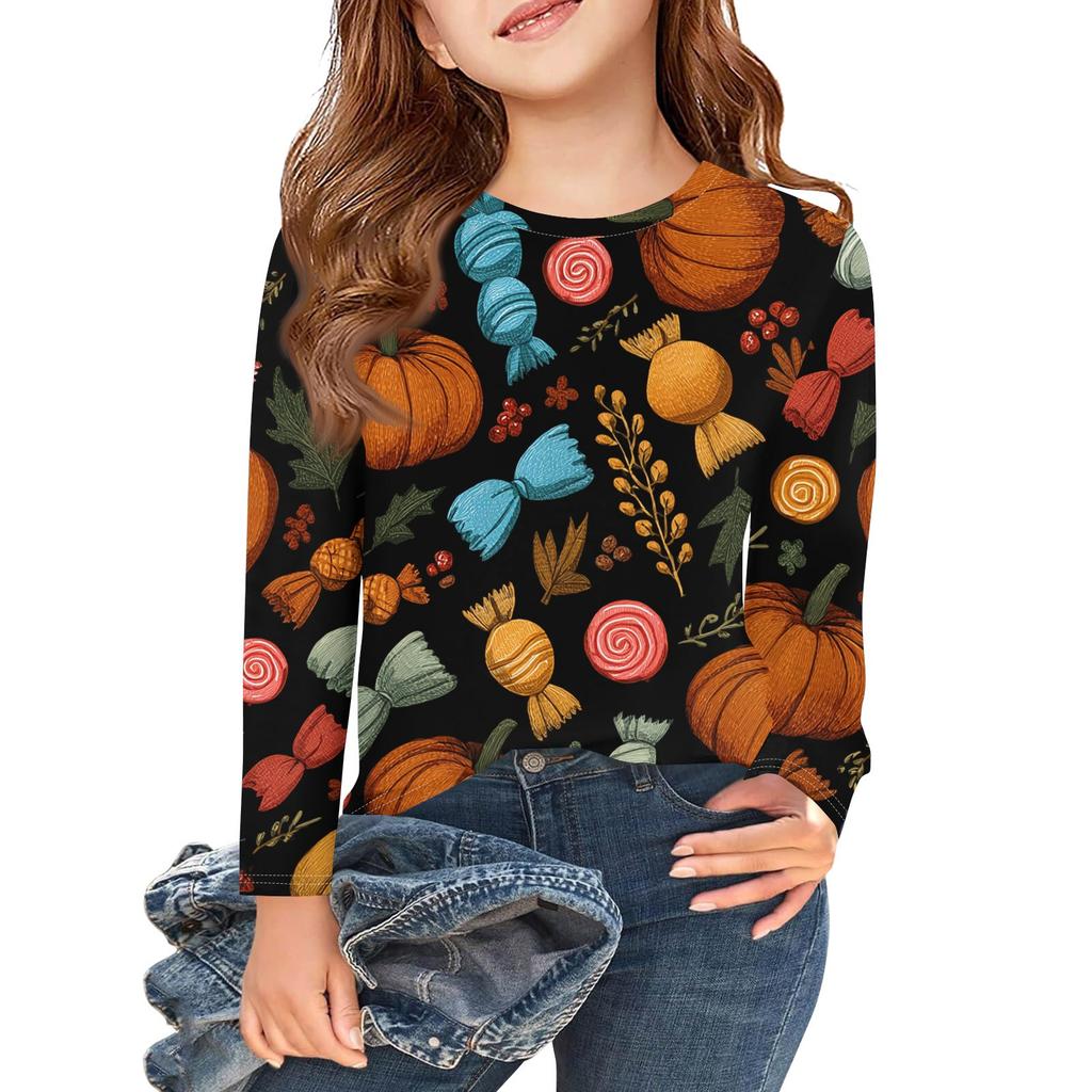 Mädchen Langarm T-Shirts Kinder Herbst Tops Rundhalsausschnitt Halloween Bedruckt Basic Tees 3-9J