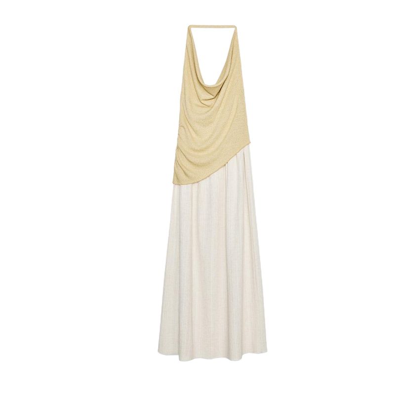 

Летнее Новое Женское Платье с Открытыми Плечами, Контрастной Цветной Лоскутной Отделкой, Подвесным Воротником, Без Рукавов, Темпераментное Длинное Платье 1165001 Beige L