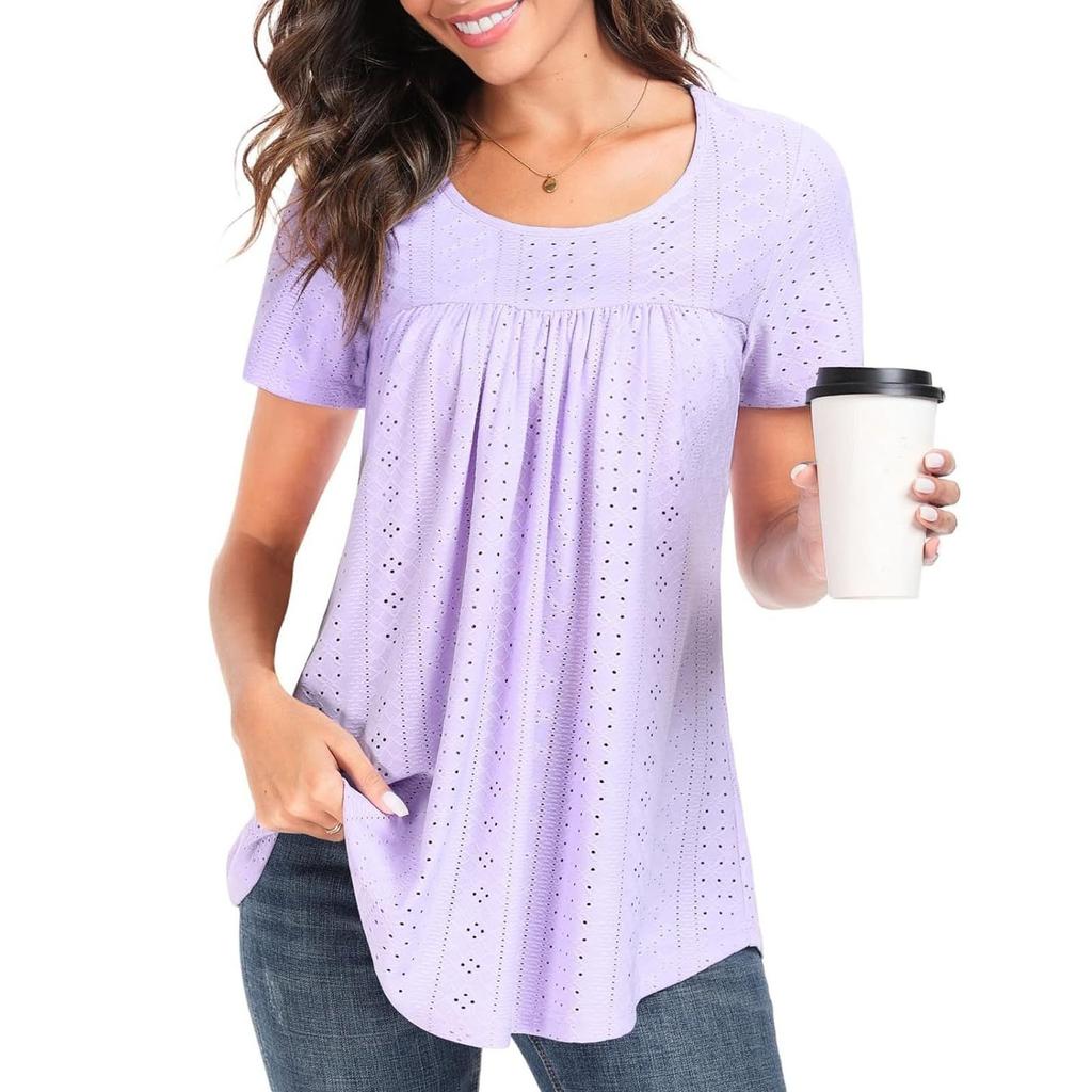 Women Casual Hollow Out Short Sleeve T Shirt Round Neck Loose Fit Lightweight Breathable Summer Top