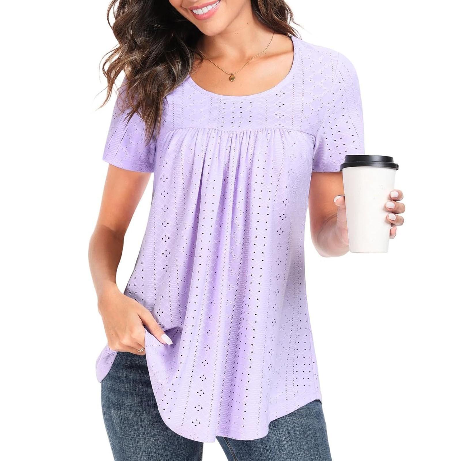 

Women Casual Hollow Out Short Sleeve T Shirt Round Neck Loose Fit Lightweight Breathable Summer Top XL