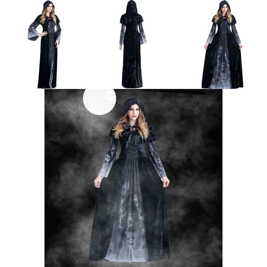 Halloween Cosplay Dress For Women With Skeleton Print Polyester Fantasy Evil Witch Vampire Dead Soul Costume Halloween Costume
