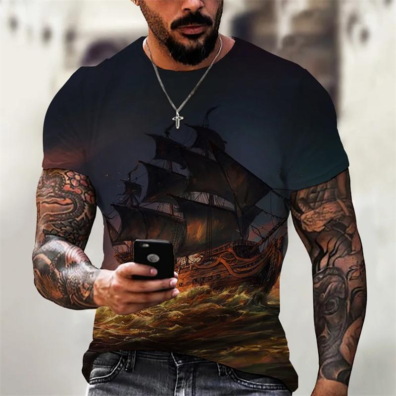 Vintage Men's Graphic T Shirts 3D Printing Pirate Ship Crew Neck Short Sleeve T-shirt For Men Oversized Clothing Homme Camiseta