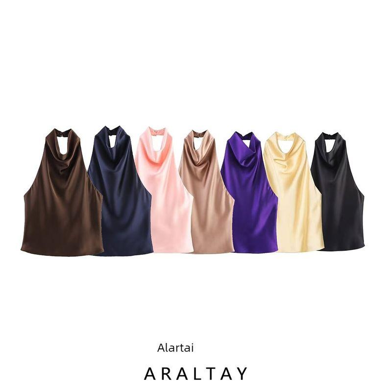 Araltay New Arrival Fashion Style Women's Clothing Fashion All-Match Pure Color Silk Satin Texture Halter Top 3203317
