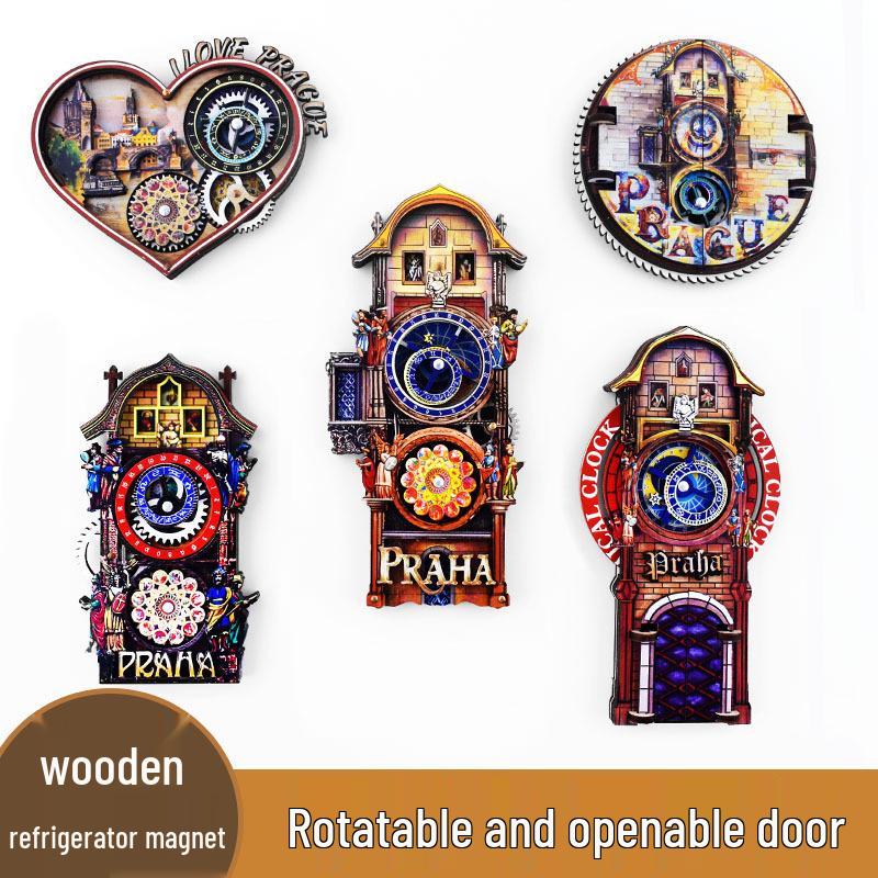 Prague Astronomical Clock 3D Wooden Magnet with Rotating Gears - Czech Travel Souvenir