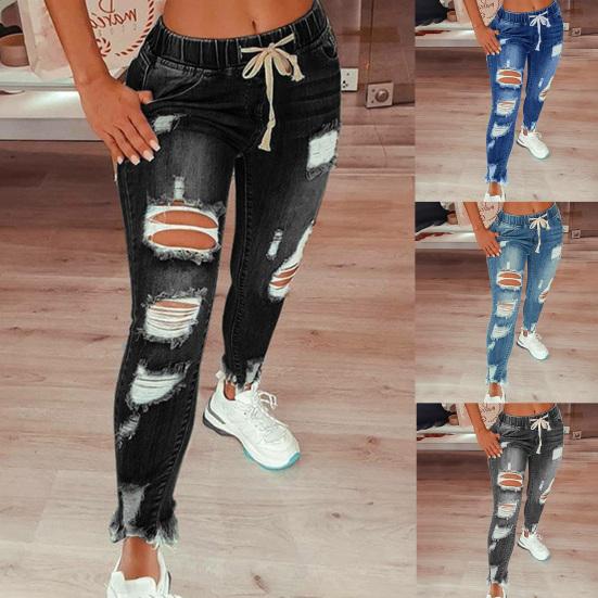 Women Jeans Ripped Hole Stretchy Summer Slim-fitting All Match Denim Pants for Daily