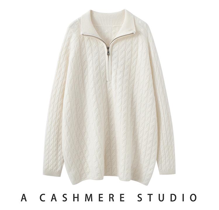 Women's Cashmere Half-Zip Lapel Solid Sweater - 2026 Autumn/Winter Collection, Loose & Slimming Design