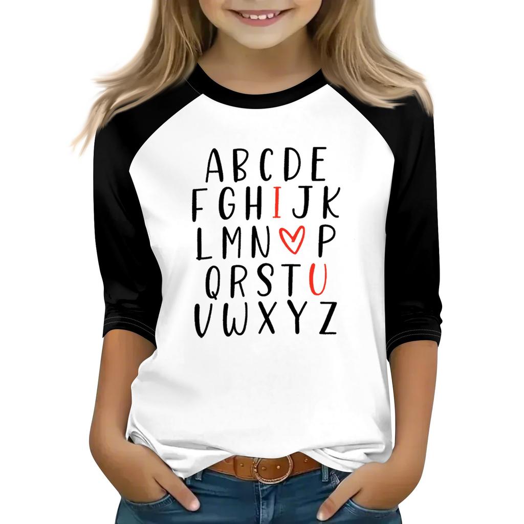 Oberteile für junge Mädchen von 4–16 Jahren, Rundhalsausschnitt, 3/4-Ärmel, T-Shirts, trendige Oberteile, Outfit-T-Shirts