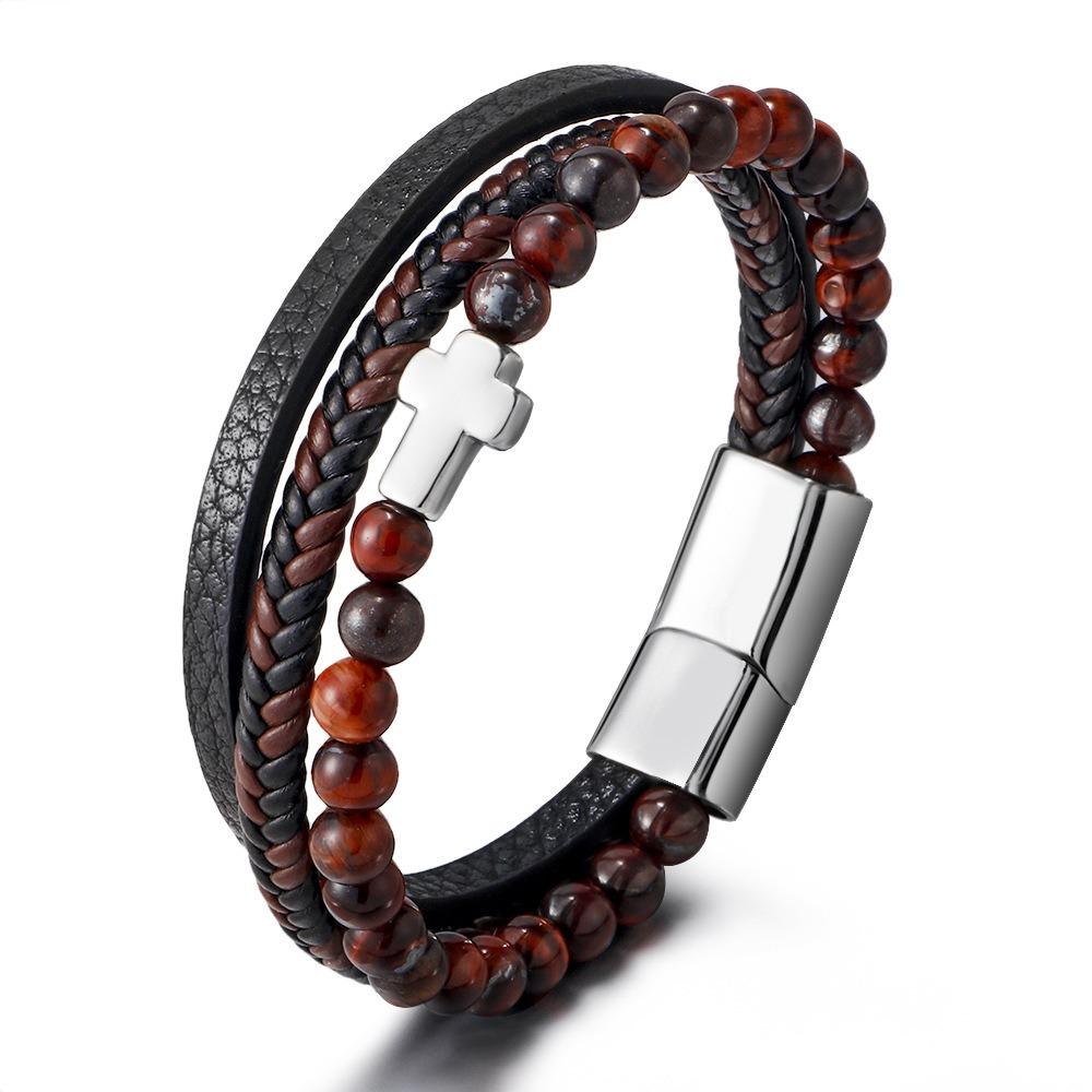 Stainless Steel Natural Tiger Eye Agate Cross Bracelet Men's Titanium Steel Multi-layer Woven Leather Bracelet