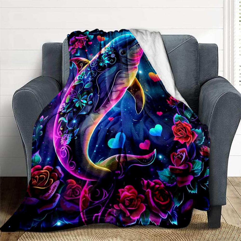 1pc Dolphin Flowers Flannel Blanket, Comfortable and Warm Blanket, for Camping Sofa Bed and Couch Office018