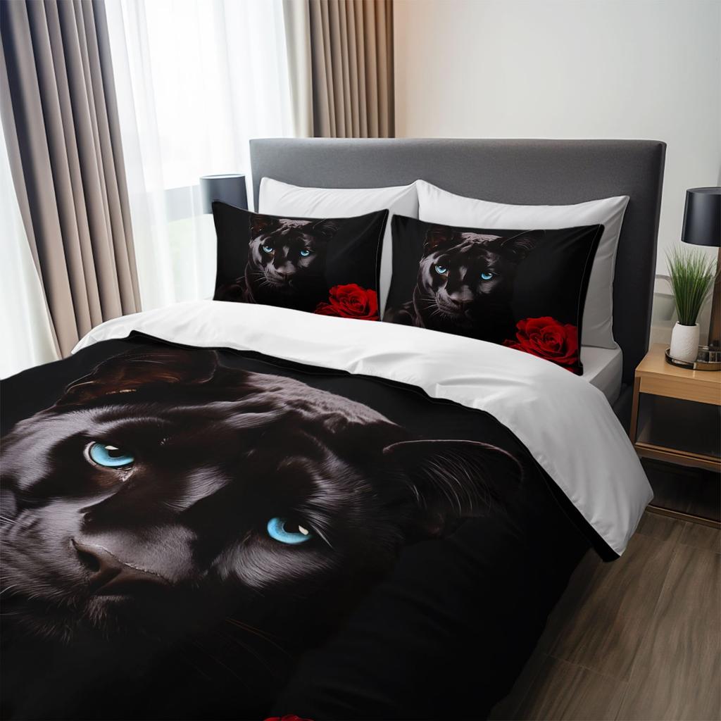 3Pcs Luxury Black Panther Rose Bedding Duvet Cover Set Black Panther Bedding Quilt Set Gothic Themed Bed Quilt Set Elegant