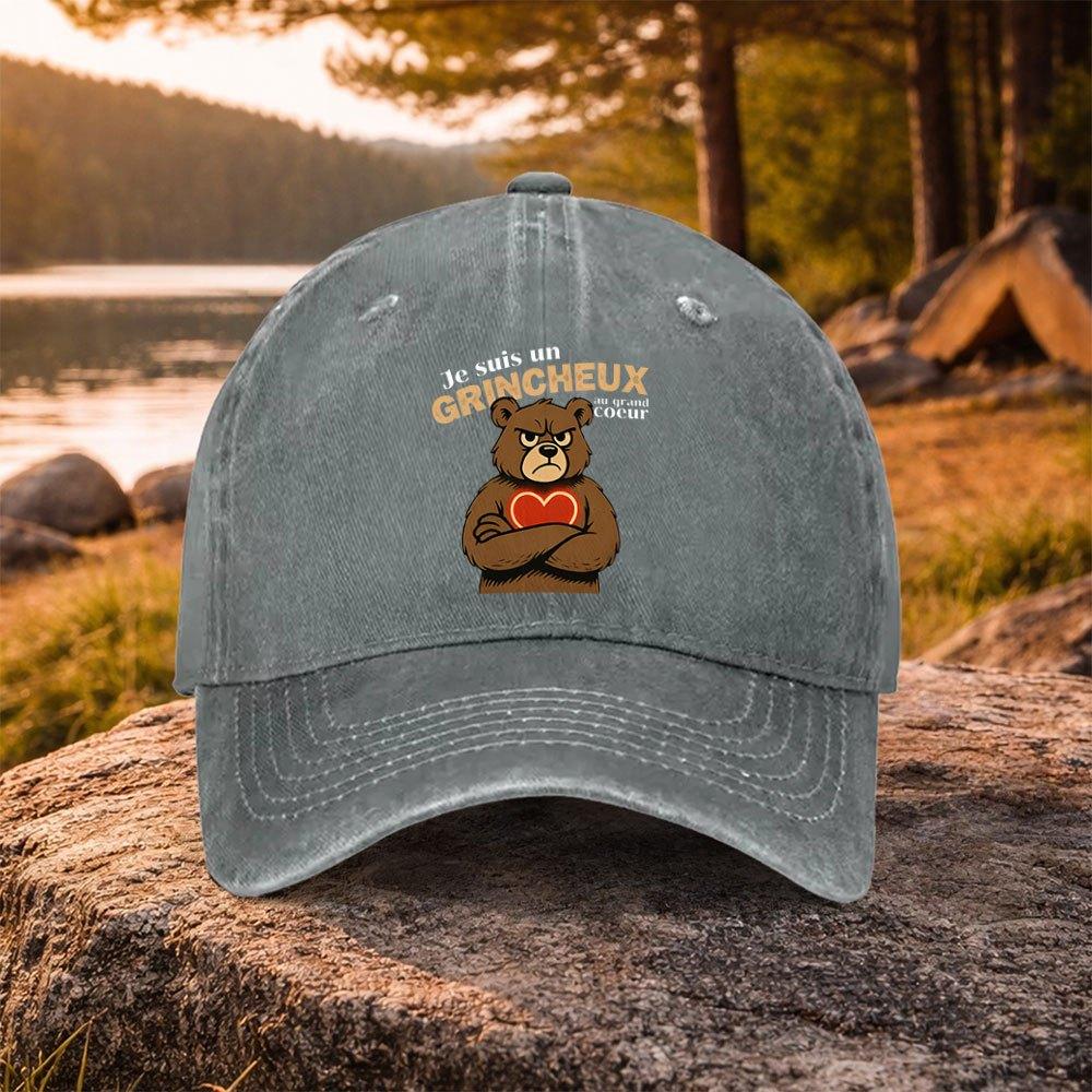 Grumpy Heart Bear Print Washed Baseball Cap for Unisex Women Casual Unisex Golf Hat Outdoor Daily Wear