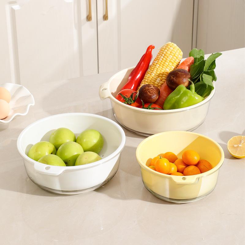 Household Transparent Vegetable Washing Basket Kitchen Draining Basket Double-layer Fruit Washing Basin Filter and Washing Basket