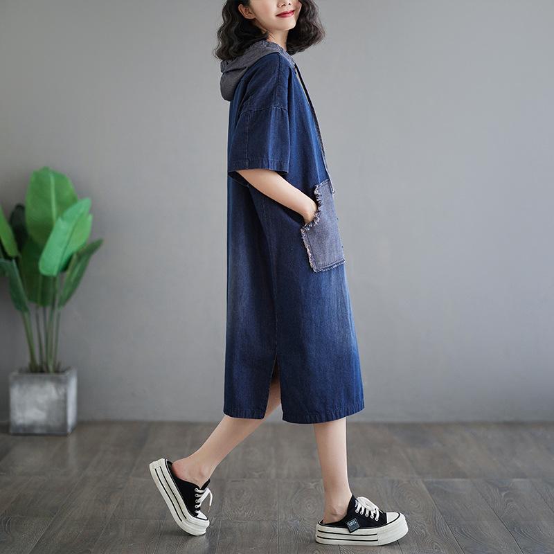 Plus Size Dress Mid Long Loose Casual Fashionable Hooded Short Sleeved Denim Dresses 2025 Women Summer Loose Hole Dress