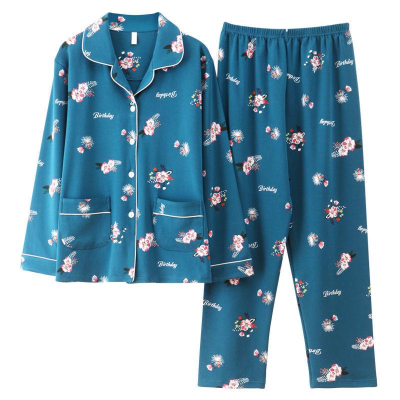 In the Elderly Pure Cotton Pajamas Women's Spring and Autumn Long-sleeved Middle-aged Mother Large Size Cardigan Set Old Lady Loungewear