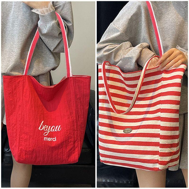 

Summer Stripes Canvas Bag South Korea Ins Idle Style Tote Bag Student Large Capacity Casual Shoulder Bag Female Fashion Double sided back Red