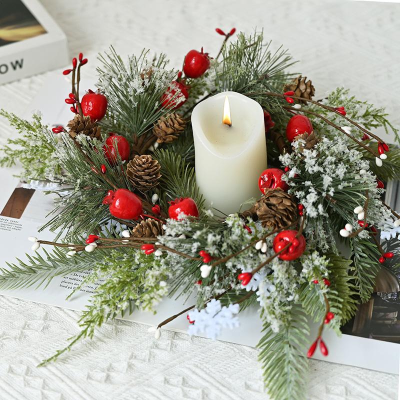 Christmas Candle Rings Table Decoration Christmas Wreath Candle Holder Ring Red Berries Table Centerpieces Candle Wreath