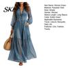 Beach Dress Women Faux Denim Maxi Dress, Mesh Patchwork Long Sleeve Button Simple Style Down Shirt Casual Loose Vintage Summer