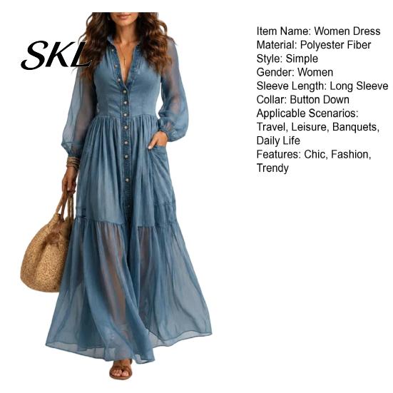 Beach Dress Women Faux Denim Maxi Dress, Mesh Patchwork Long Sleeve Button Simple Style Down Shirt Casual Loose Vintage Summer