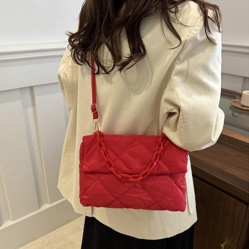 Geantă de mână matlasată de iarnă, căptușită cu bumbac, pentru femei, cu lanț, model rombic, designer, geantă din puf de pene, poșetă, genți tote de umăr pentru doamne