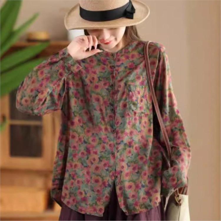Vintage Floral Print Chinese Style Shirt Loose Long Sleeves Single Breasted Autumn Fashion Women Blouse