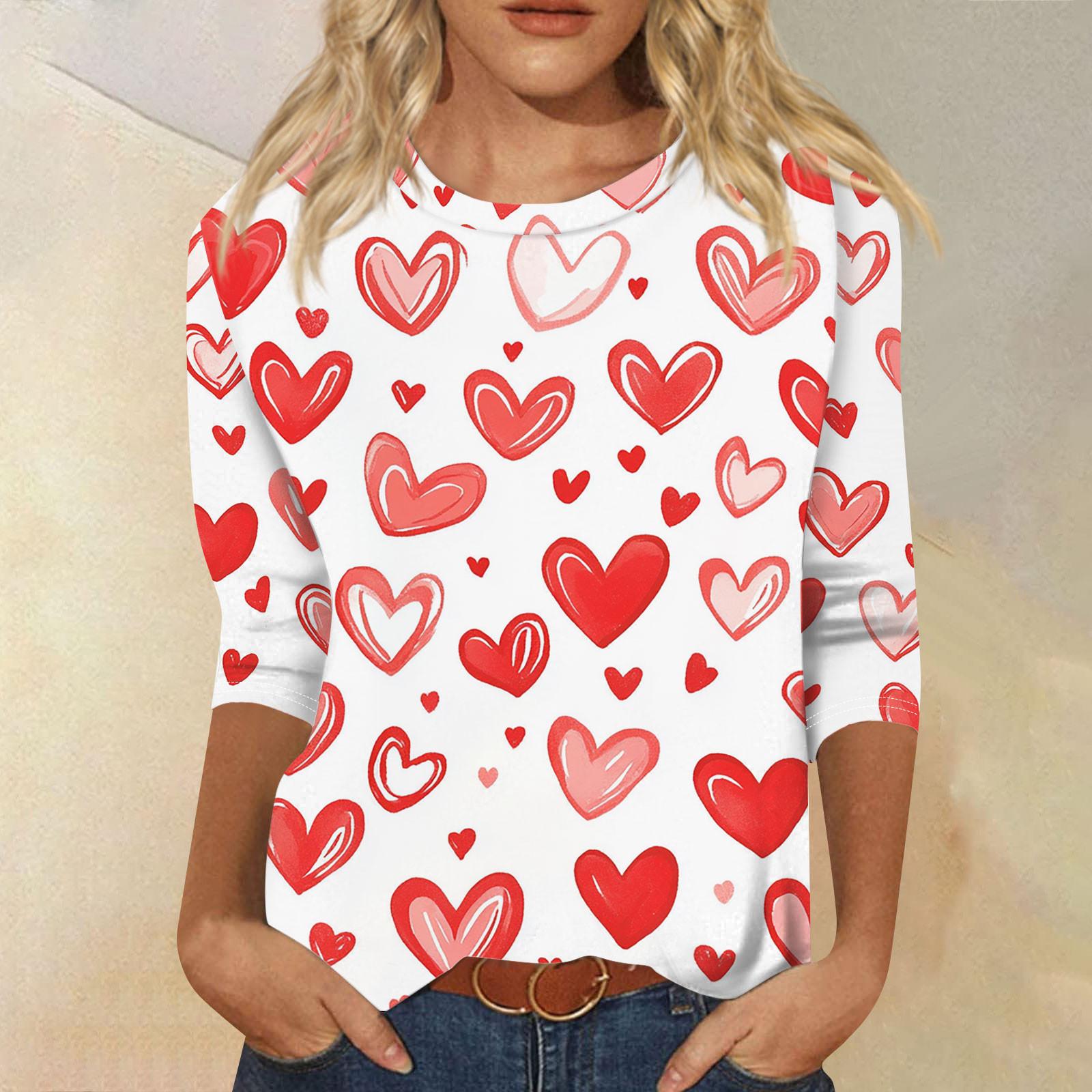

Women s Fashion Casual Seven Sleeve Valentine s Day Printed Round Neck Top XL кавун червоний колір