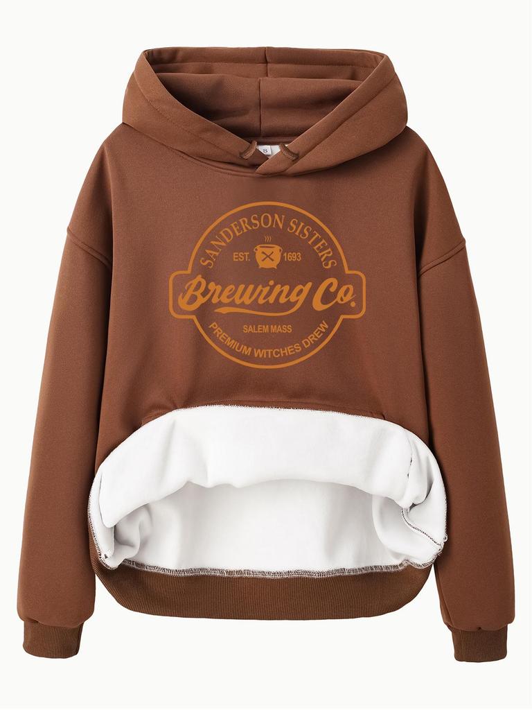 European and American Women's Fleece-Lined Hooded Sweatshirt with Kangaroo Pocket – Autumn/Winter Long-Sleeved Top.