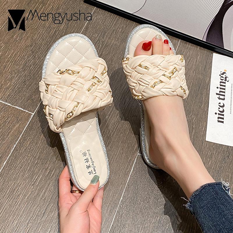 Модные блестящие тапочки на плоской подошве с кристаллами — фото 3