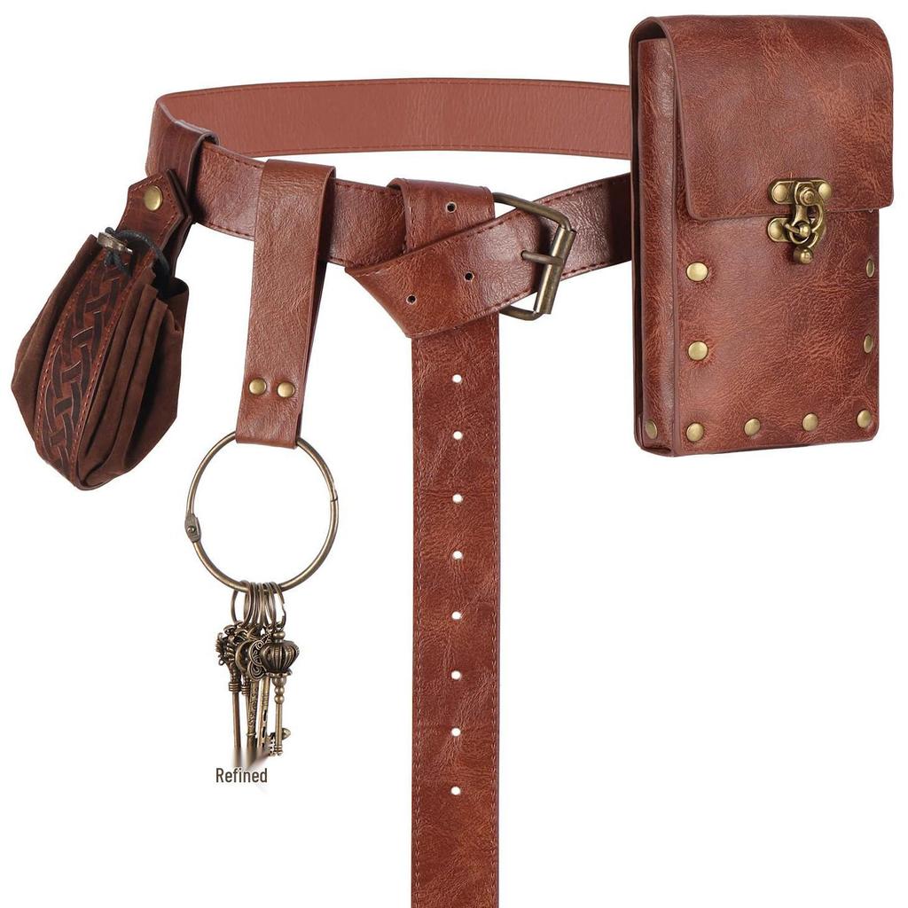 Medieval Leather Waistband Belt with Cord and Pouch