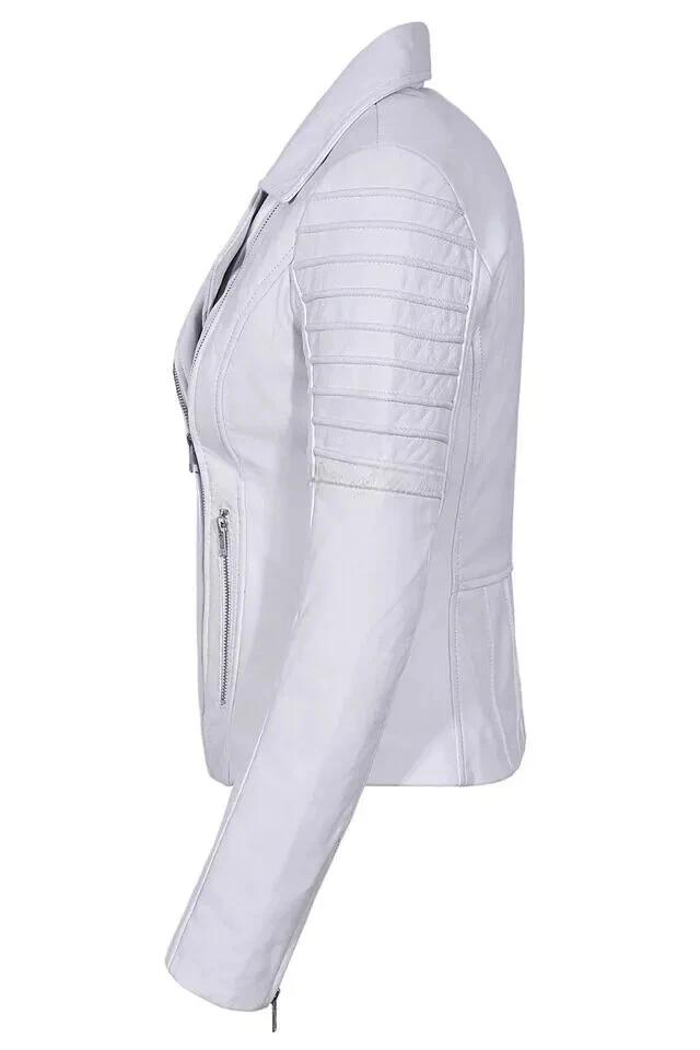 White Leather Lambskin Women Jacket Handmade Stylish Casual Motorcycle Fancy