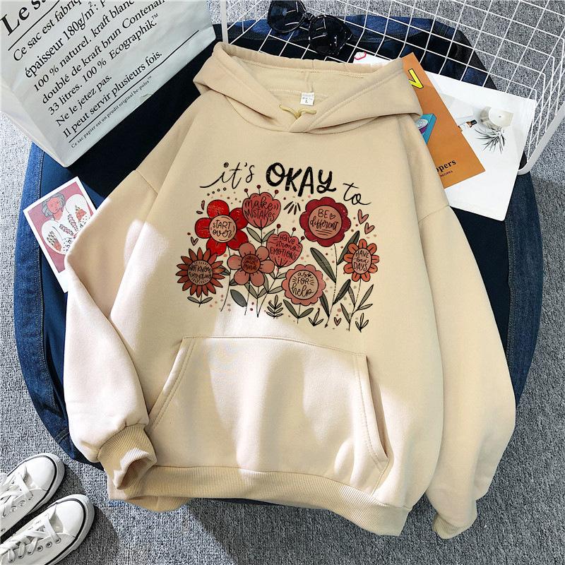 Women's Casual Long Sleeve Hoodies Vintage Graphic Y2k Hooded Pullovers Ditsy Floral and Alphabet Print Sweatshirts 90s Clothes