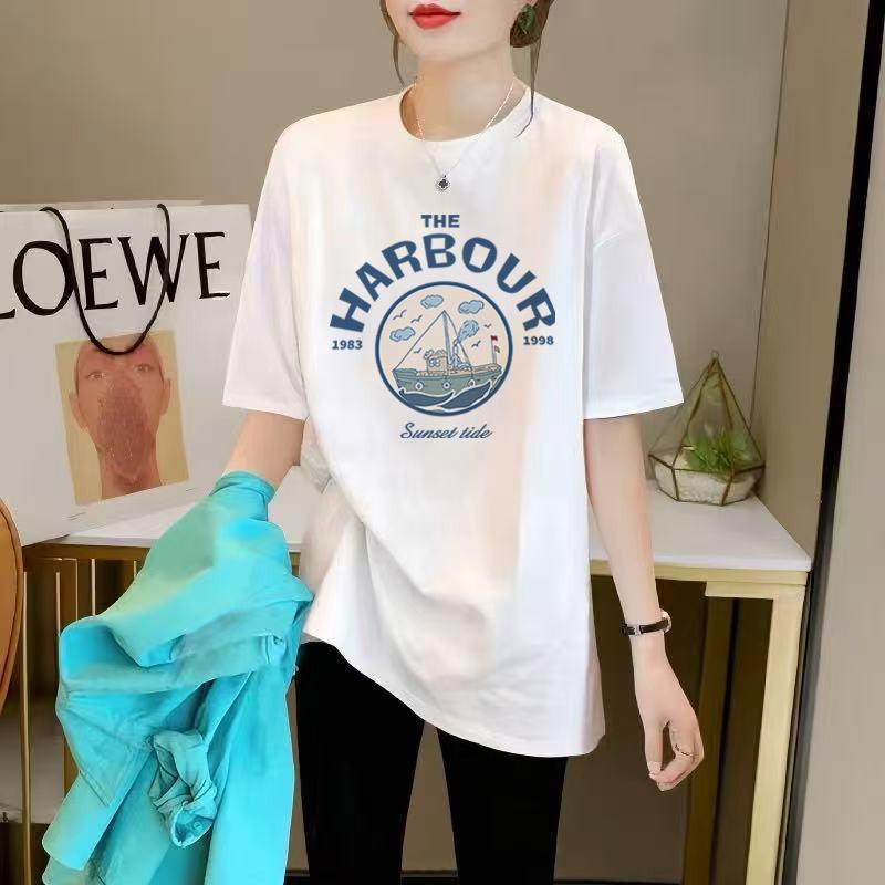 Short Sleeve Women's Medium and Long Hip Cover T-Shirt Summer Crew Neck Black Cotton T-Shirt Loose Large Top