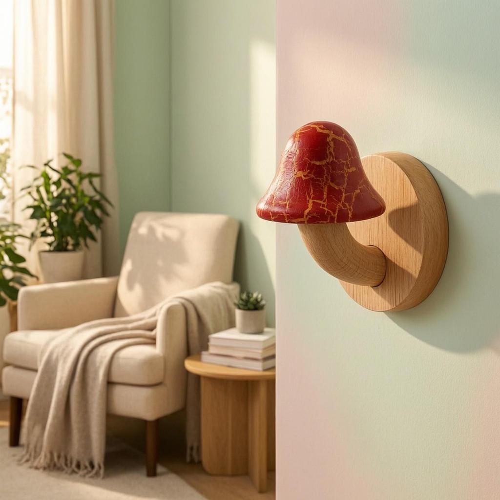 Wooden Mushroom Hook with Backplate Nature-Themed Crackle-Finish Wall