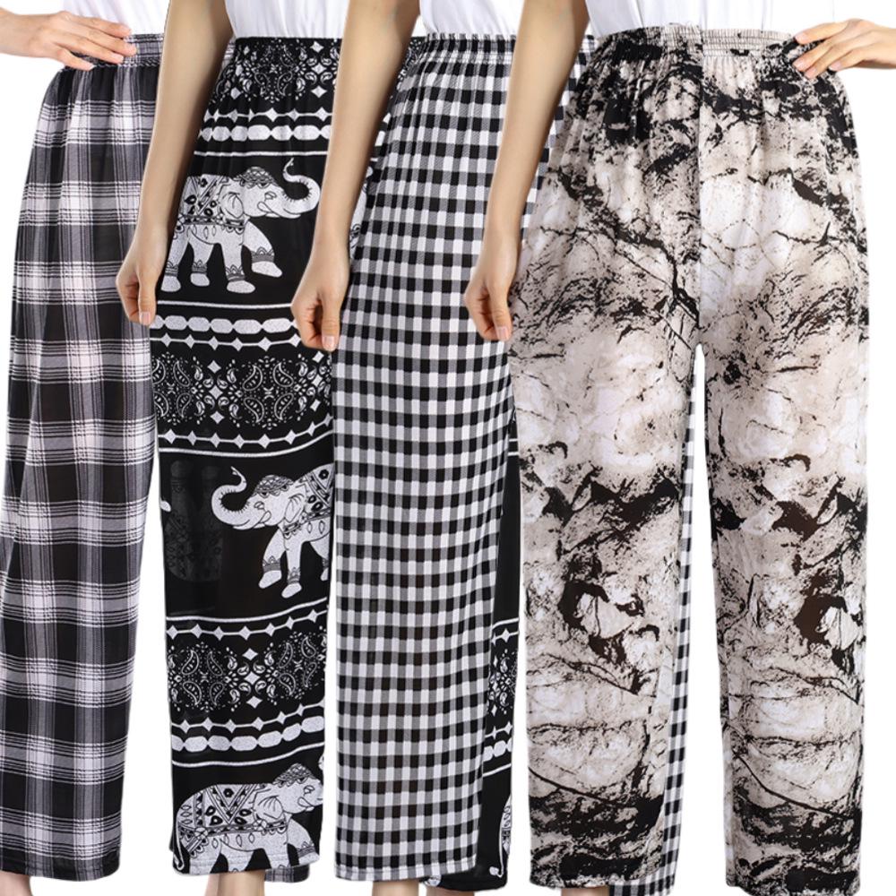 Floral Ice Silk Wide-Leg Pants for Women - Airy, Casual, Nine-Tenths Length