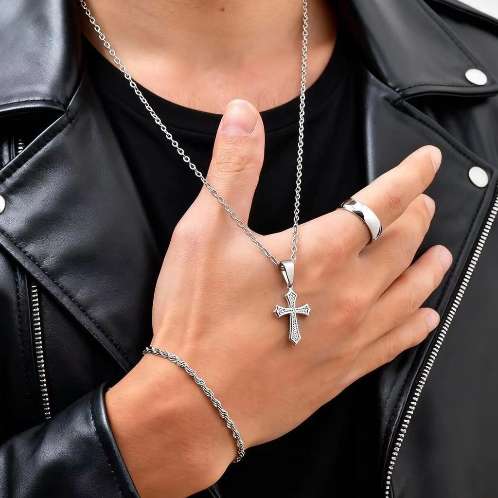 3pcs/set Men's Stylsh Cross Necklace Set,Stainless Steel Twistd Rope Chain Wristband,Cool Hip Hop Jewelry Set Gift