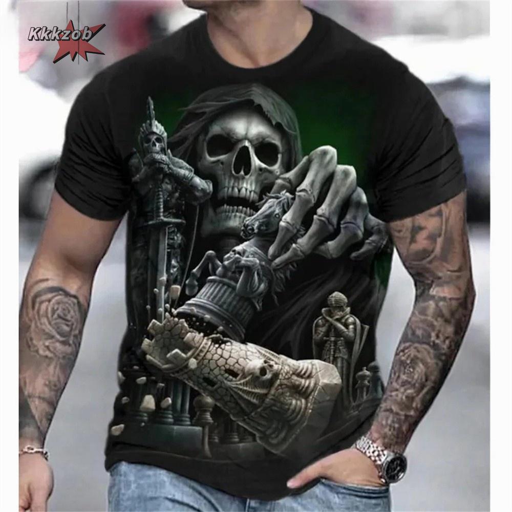 

Летний топ с круглым вырезом и 3D принтом черепа в стиле хоррор, модная повседневная мужская футболка с коротким рукавом XS