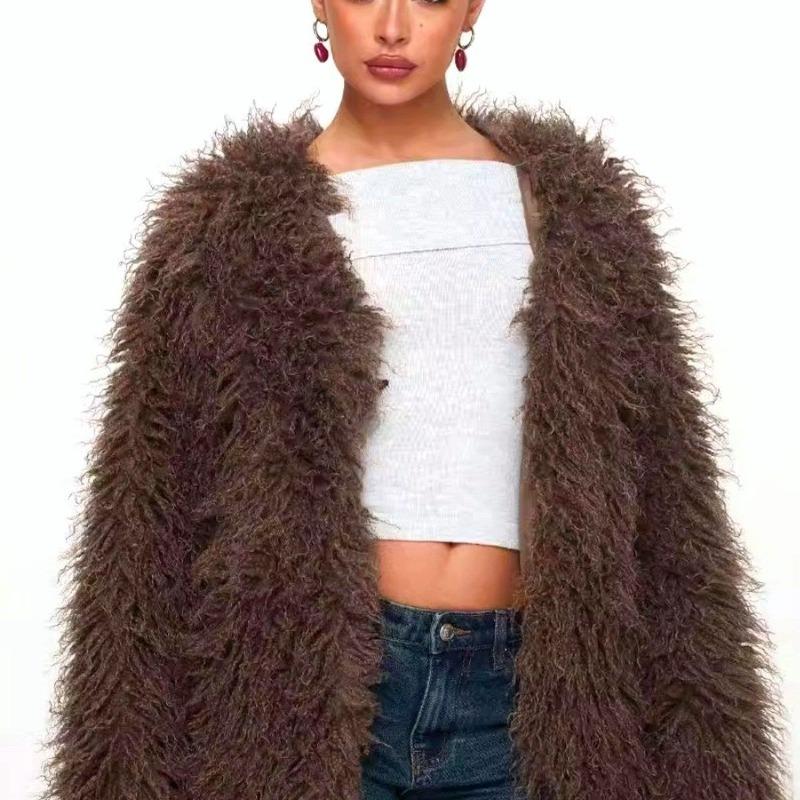 Autumn and Winter New Fashion Large Size Imitation Fur Coat Artificial Fur Brown Jacket Padded Top Women