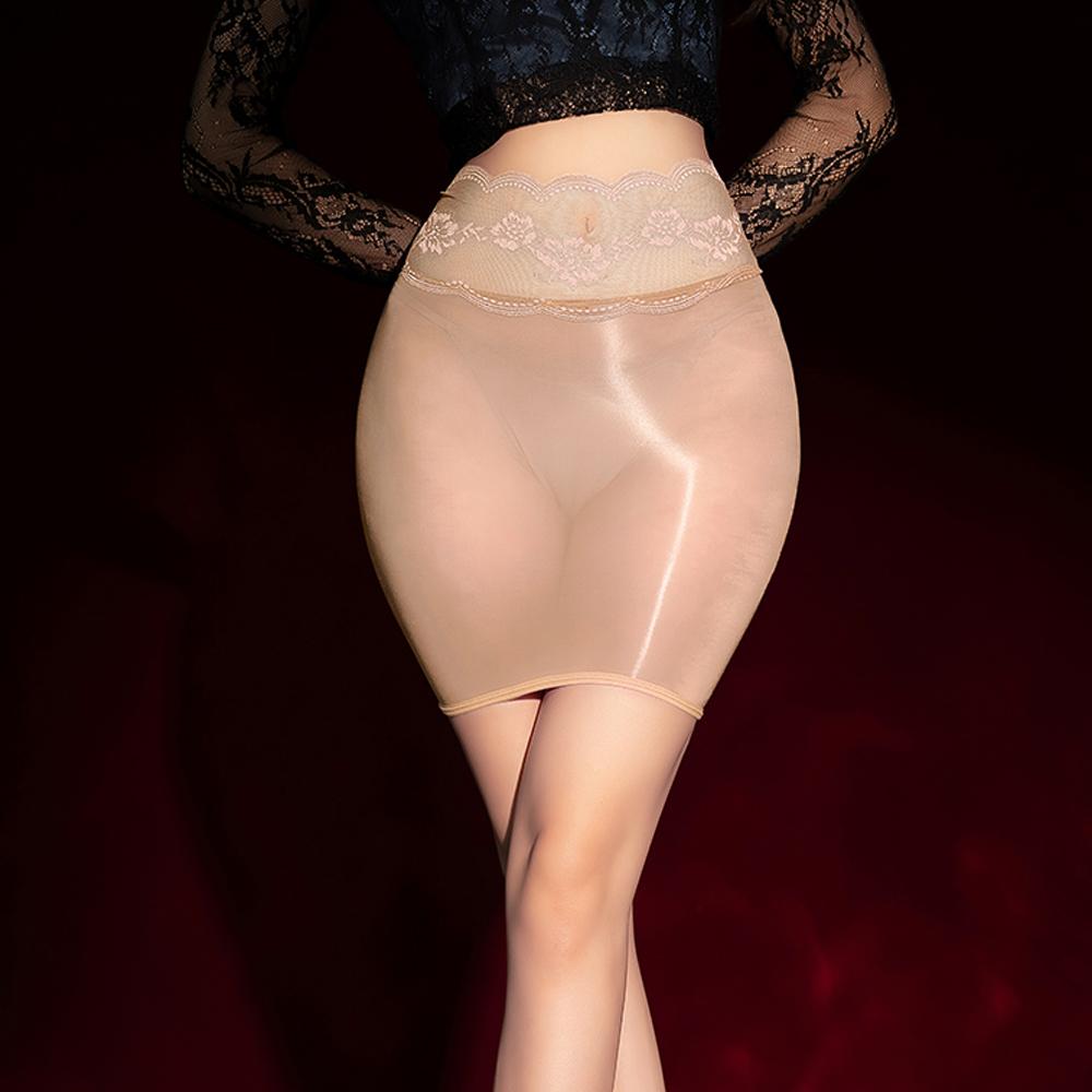 Sexy Women Lace High Waist Skirt Oil Glossy Shiny Micro Mini Skirt Sheer See Through Tight Elastic Maid Package Hip Skirt
