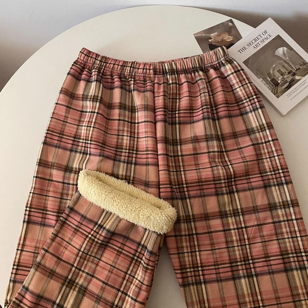 Black and white plaid pants women's autumn and winter new lamb wool wide-leg pants high waist straight Korean version of student casual pants
