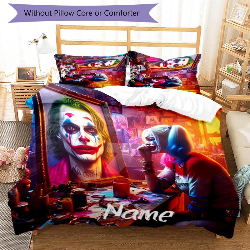 3pcs Custom Name Cartoon Harley Quinn Bedding Set Duvet Cover Closure Includes 1 Duvet Cover & 2 Pillowcases for All Seasons Bedroom Decor