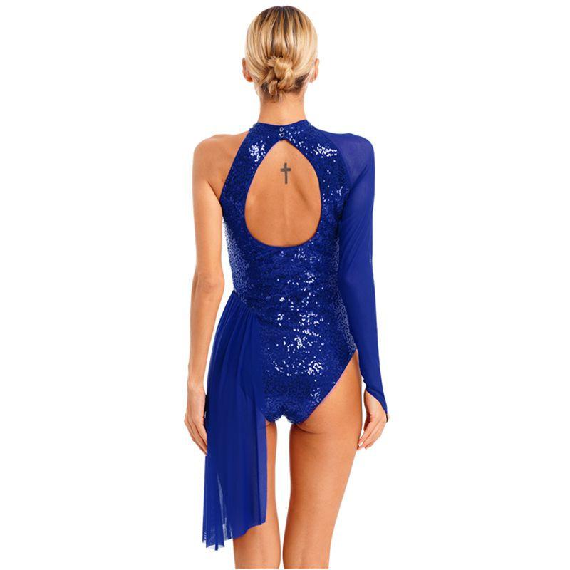 Robe de Patinage Artistique Femme Paillettes Séquins Justaucorps Une Épaule Maille Transparente Manches Longues Col Halter Vêtements de Danse
