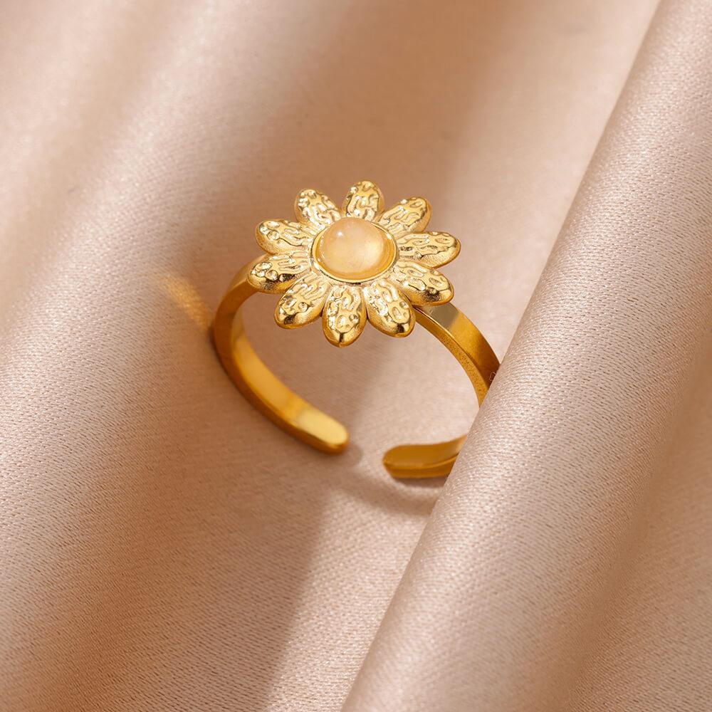 Oval Stone Open Rings For Women Men Gold Color Stainless Steel Sunflower Ring Wedding Engaement Jewelry Gift Bague