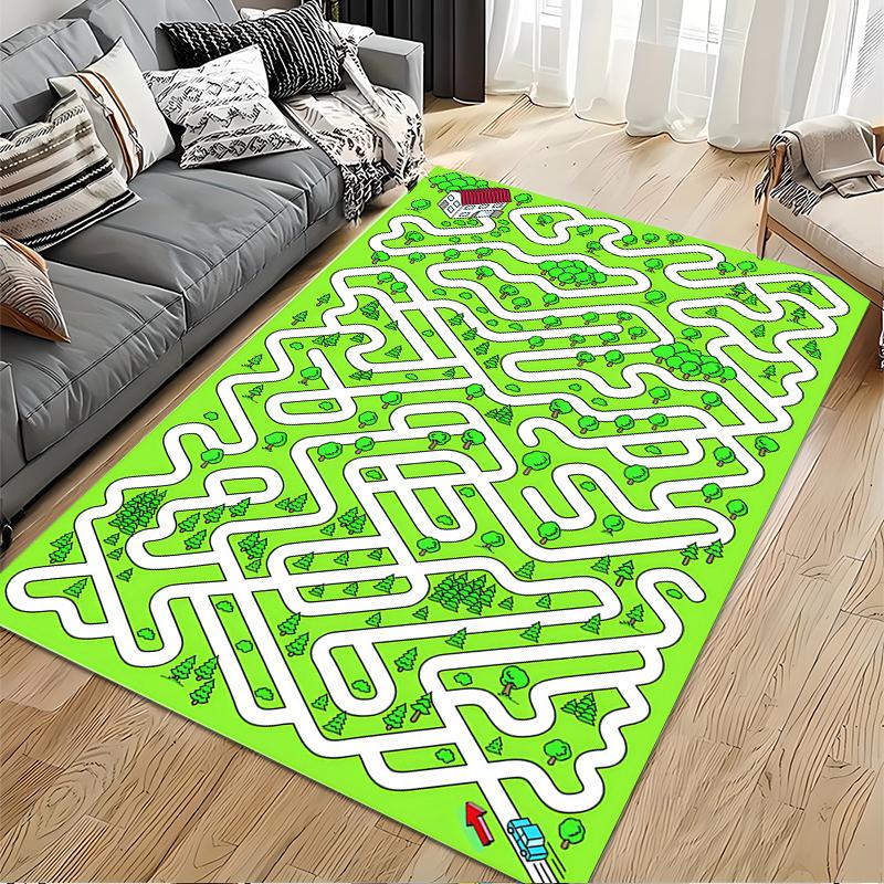 Green Maze Carpet with House and Trees Decorative Design Suitable for use as an anti-slip game mat for living room and bedroom sofas